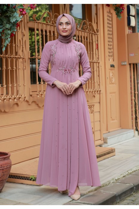 PEARL DETAILED POWDER PINK EVENING DRESS