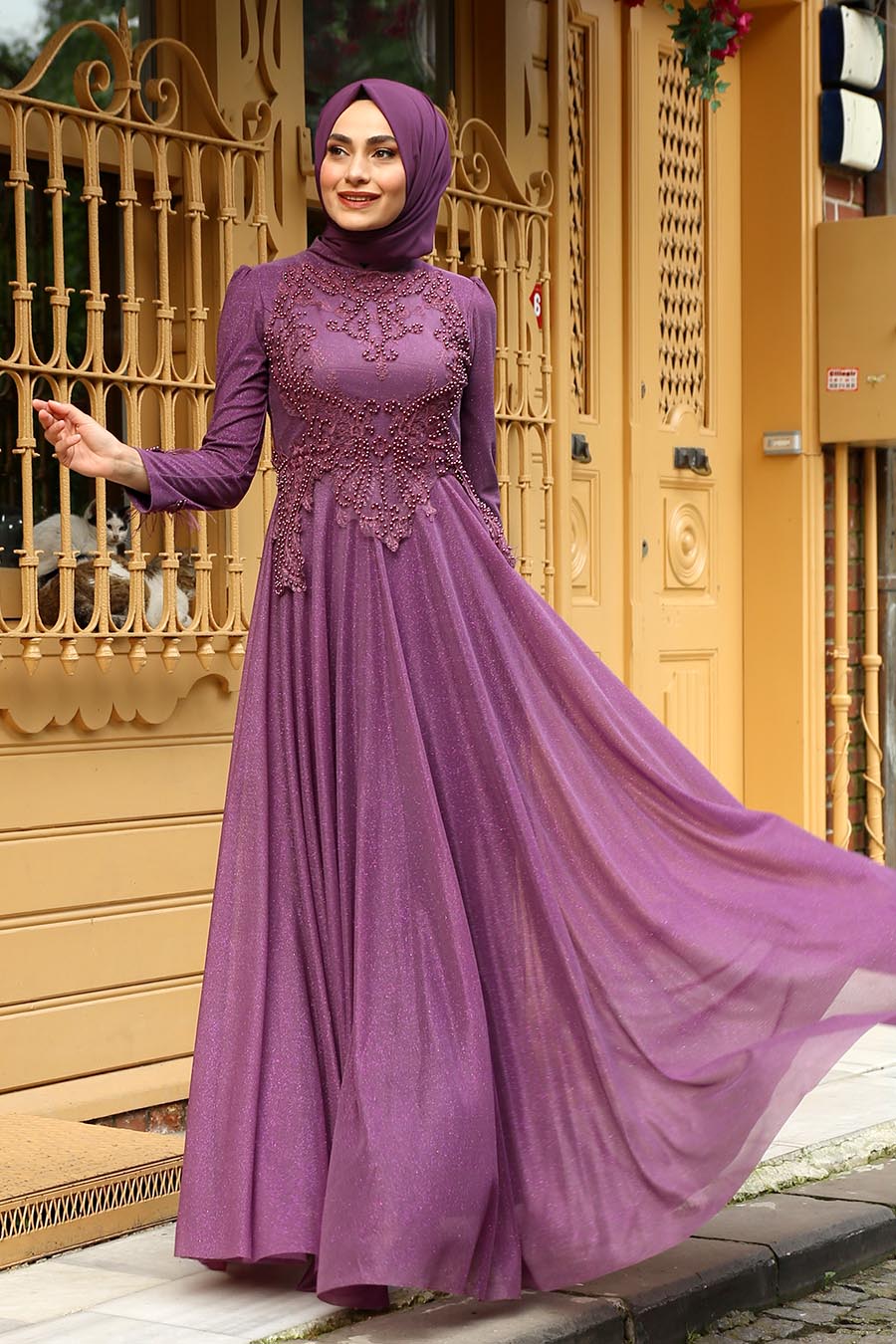PEARL DETAILED PURPLE EVENING DRESS