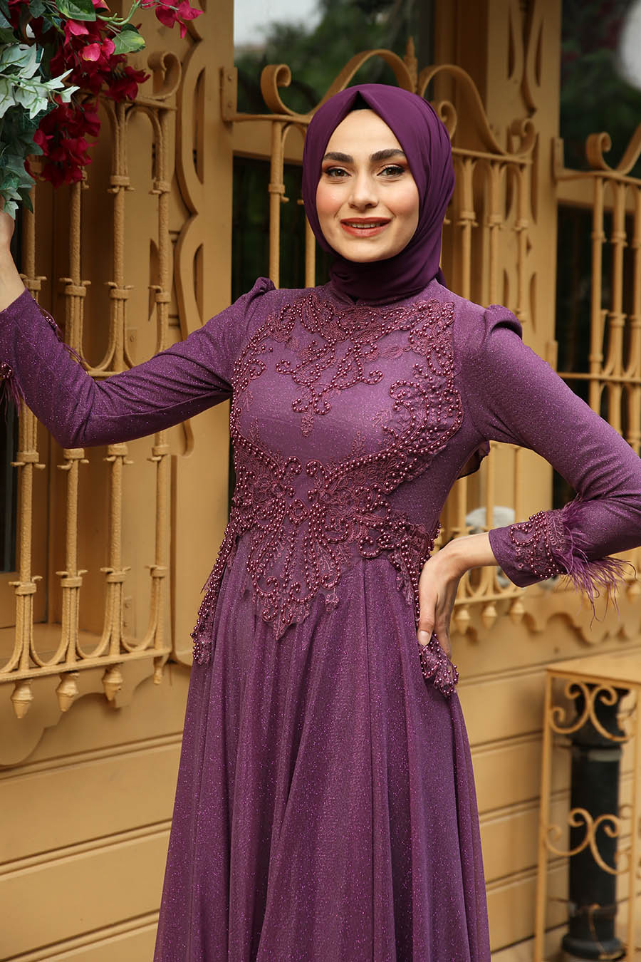 PEARL DETAILED PURPLE EVENING DRESS