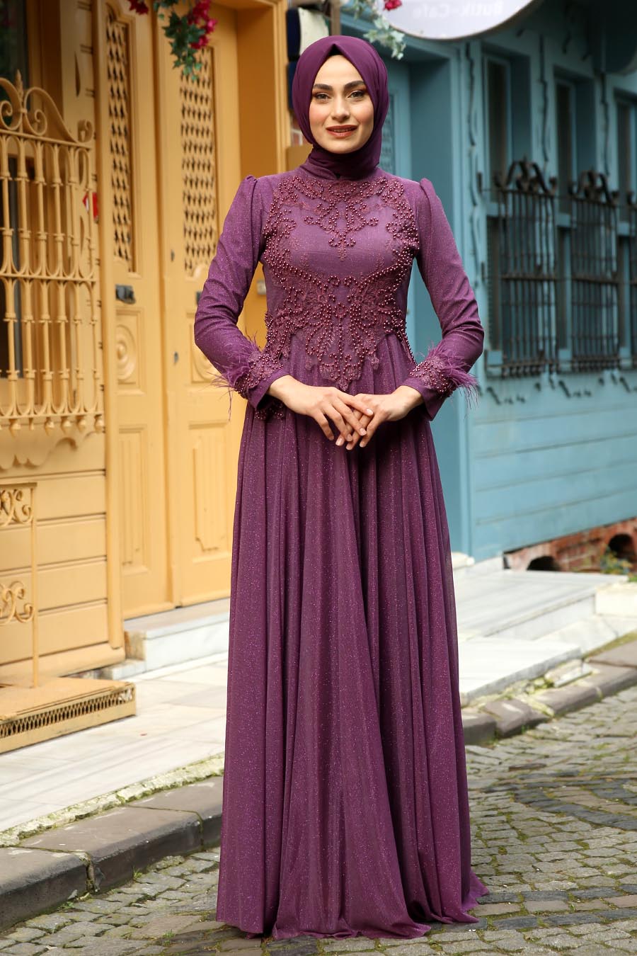 PEARL DETAILED PURPLE EVENING DRESS