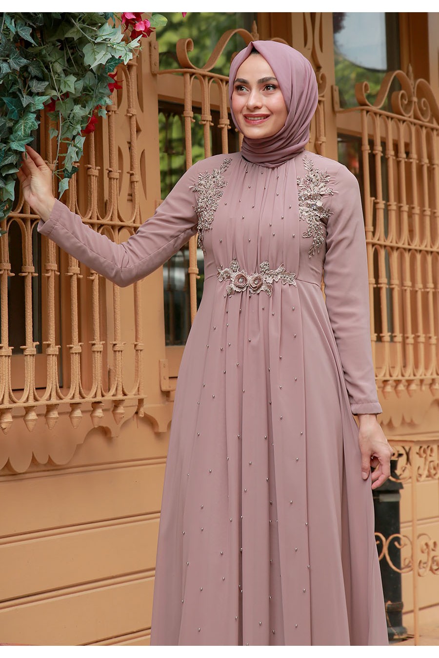 PEARL DETAILED VISON COLOR EVENING DRESS