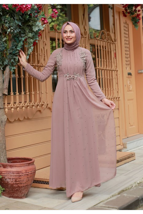 PEARL DETAILED VISON COLOR EVENING DRESS