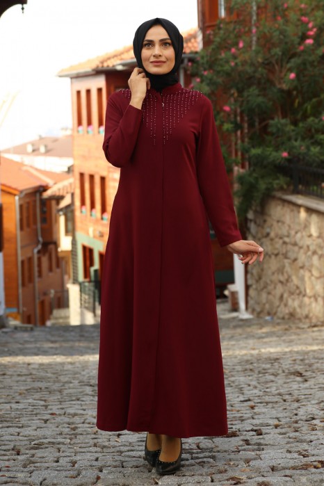 PEARL DETAILED ABAYA - CLARET RED 
