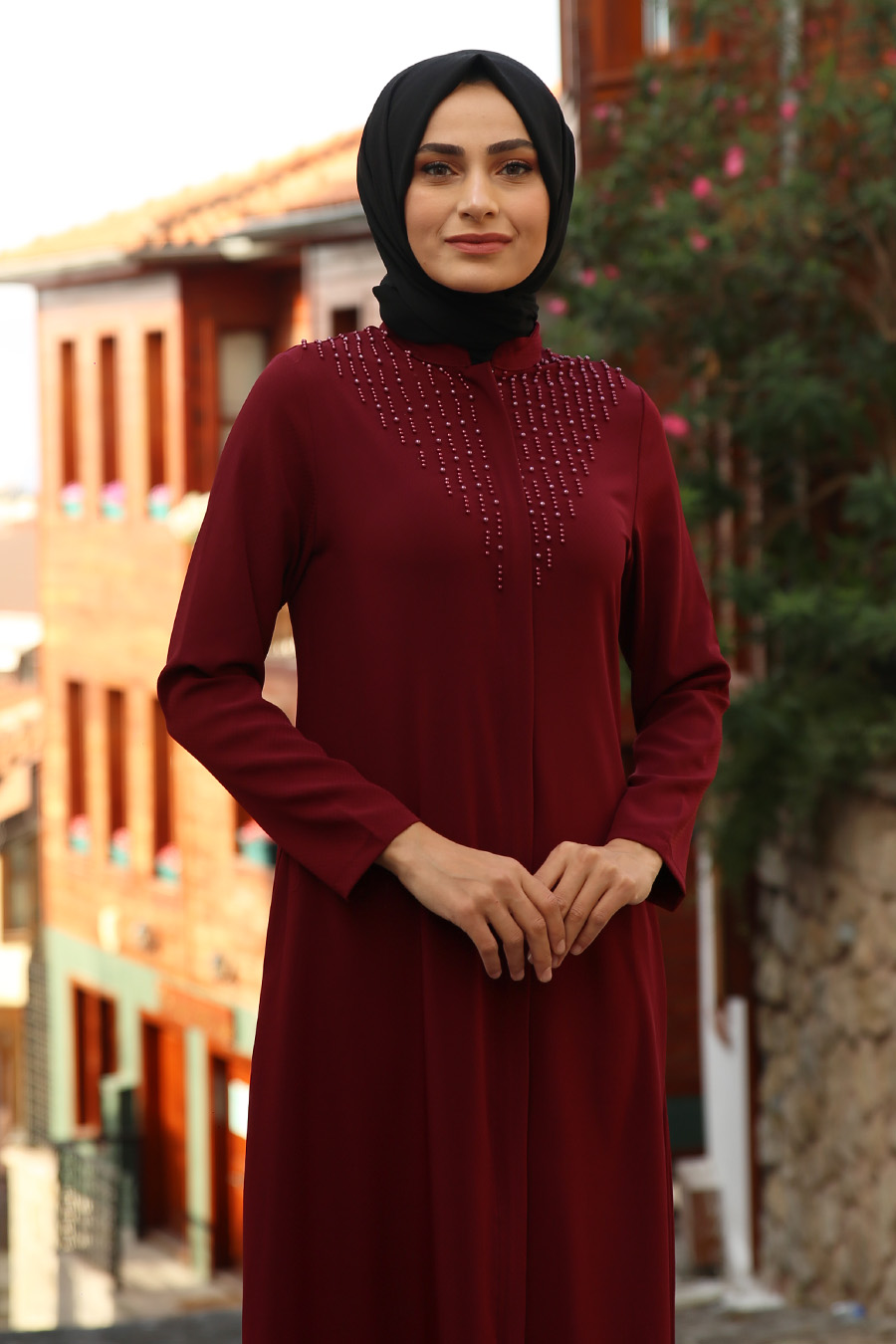 PEARL DETAILED ABAYA - CLARET RED 