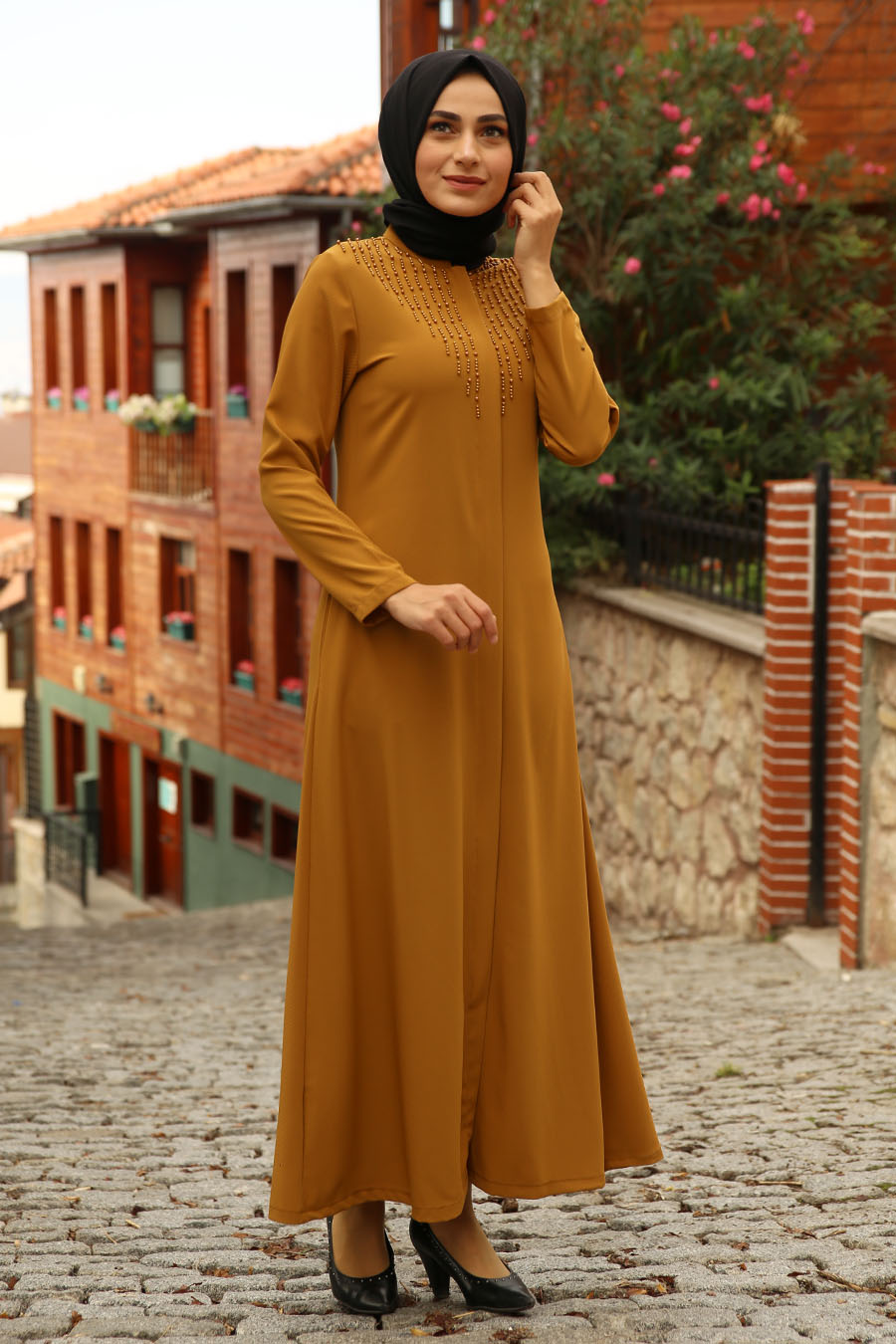 PEARL DETAILED ABAYA - MUSTARD 