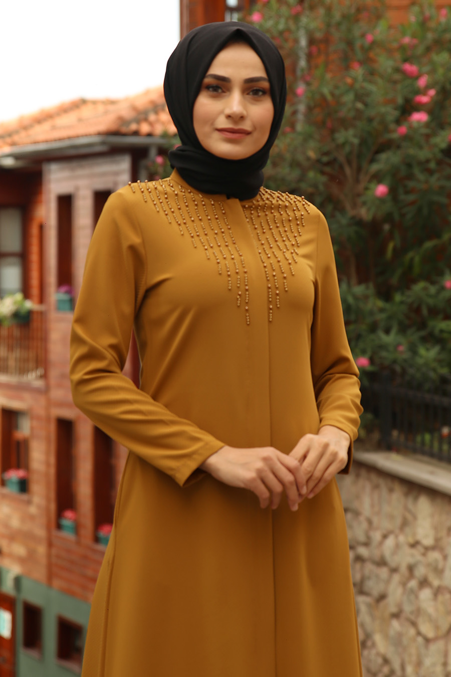 PEARL DETAILED ABAYA - MUSTARD 