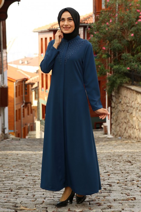PEARL DETAILED  ABAYA - PETROLEUM BLUE