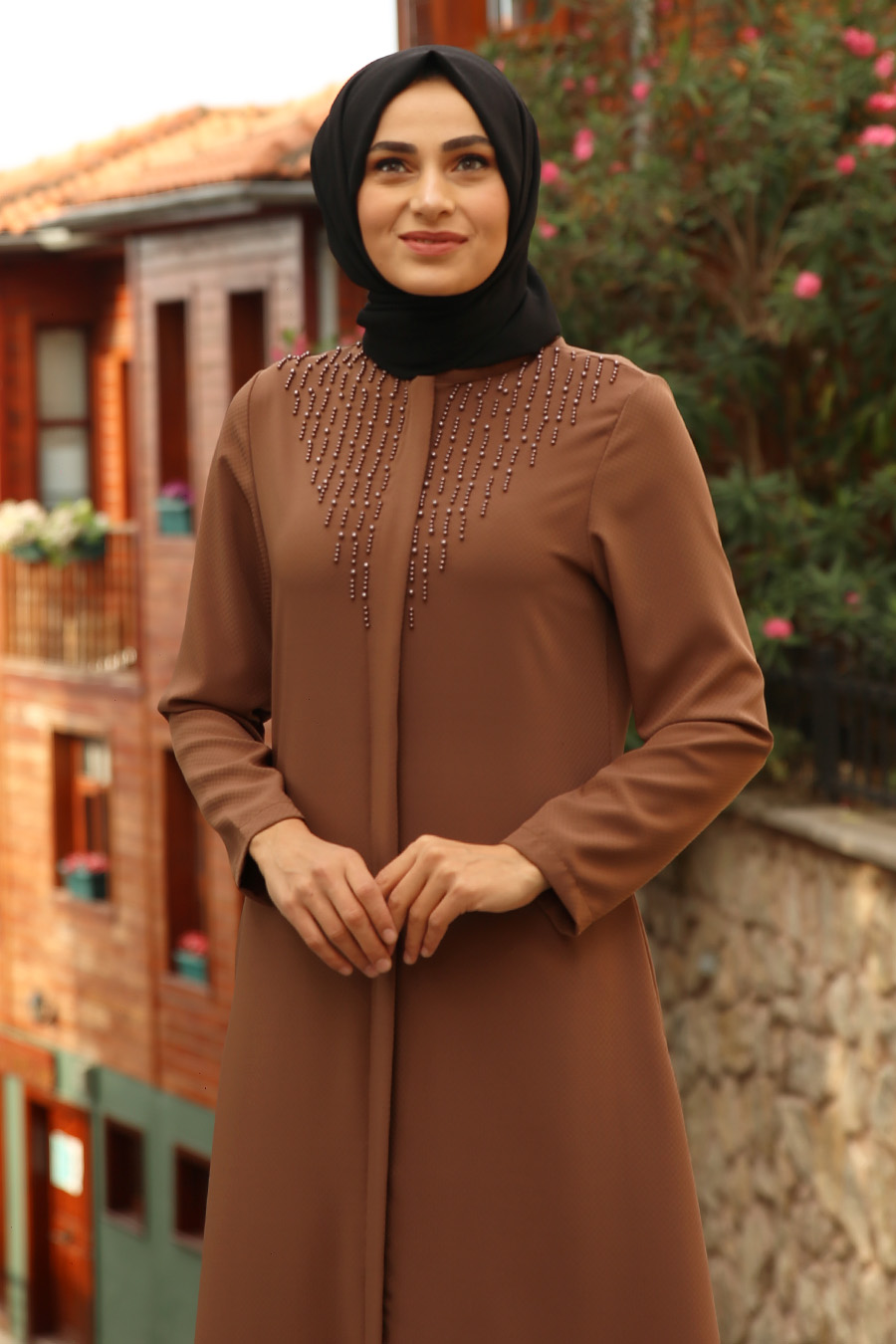 PEARL DETAILED ABAYA - TAN COLOR 