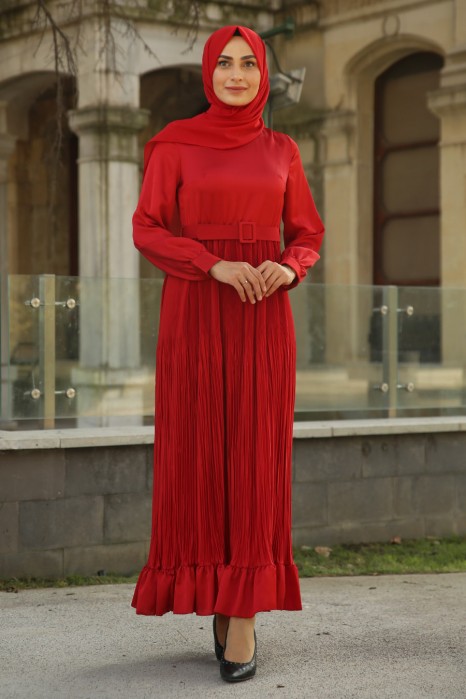 PLEATED  DRESS - RED 