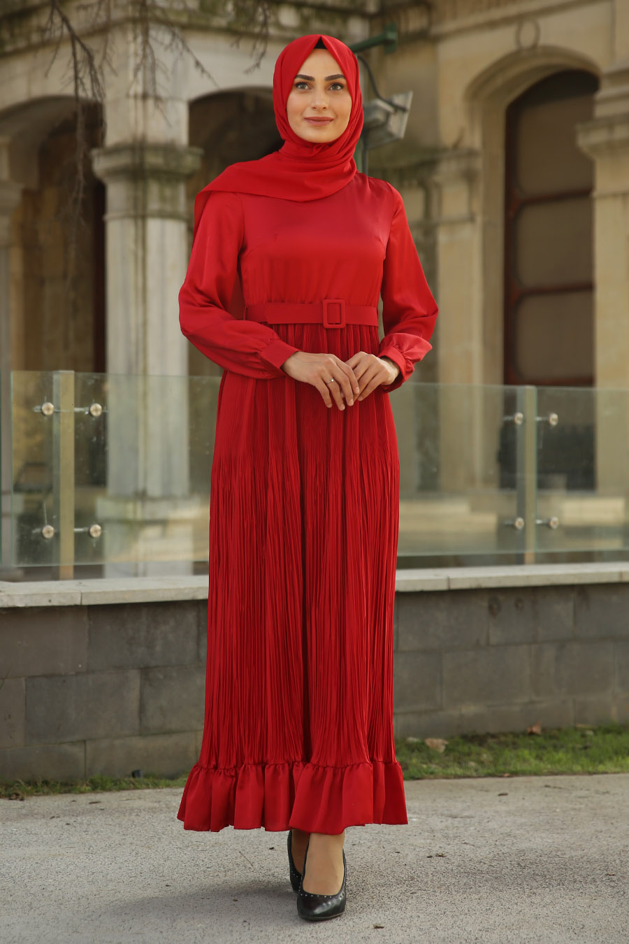 PLEATED  DRESS - RED 