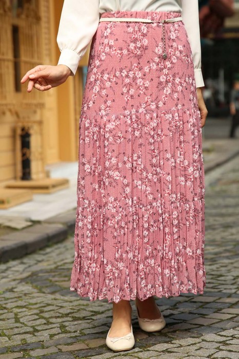 FLOWER PATTERNED SKIRT - ROSE COLOR 