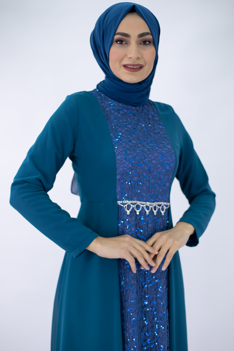 SEQUIN DETAILED TURQUOISE EVENING DRESS