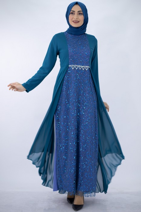 SEQUIN DETAILED TURQUOISE EVENING DRESS