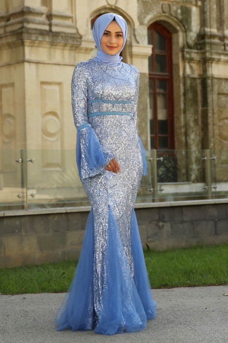 SEQUIN DETAILED  EVENING DRESS - INDIGO COLOR