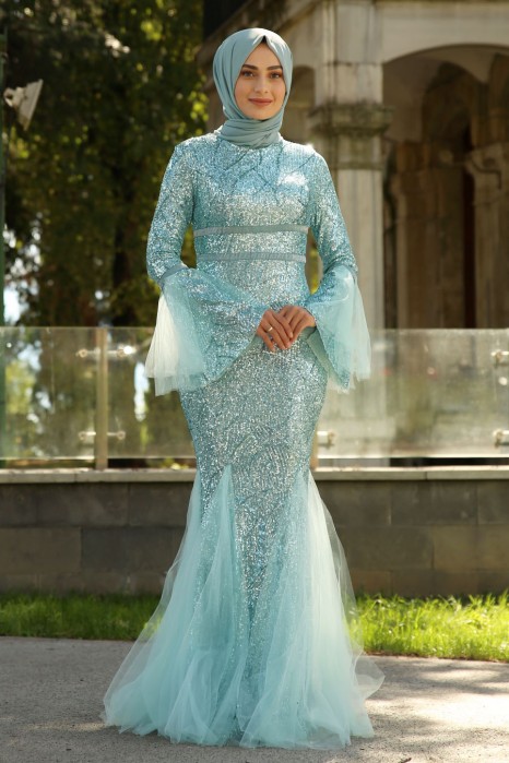 SEQUIN DETAILED  EVENING DRESS - MINT 