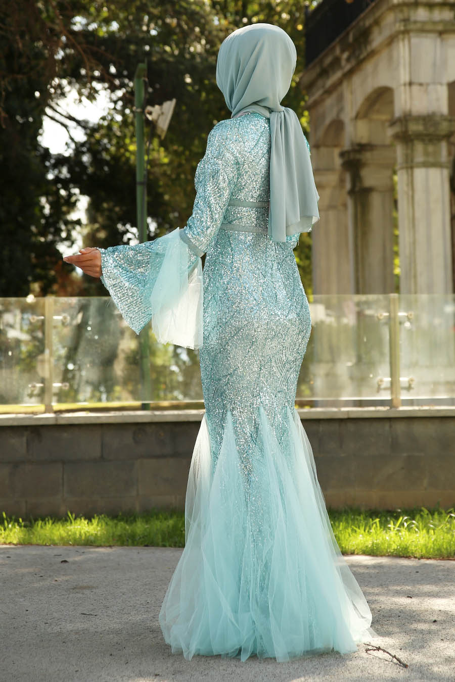 SEQUIN DETAILED  EVENING DRESS - MINT 