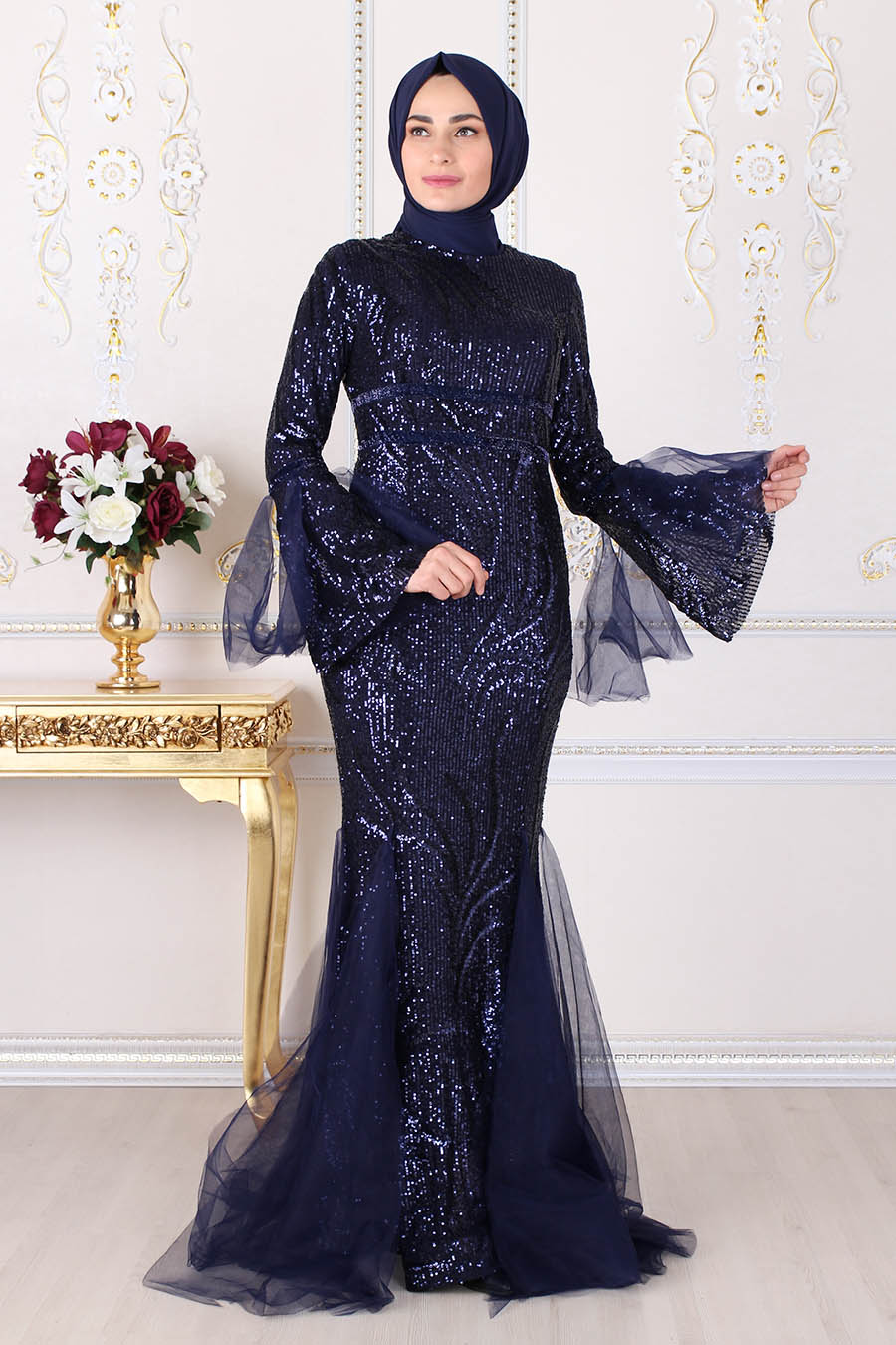 SEQUIN DETAILED  EVENING DRESS - NAVY BLUE 