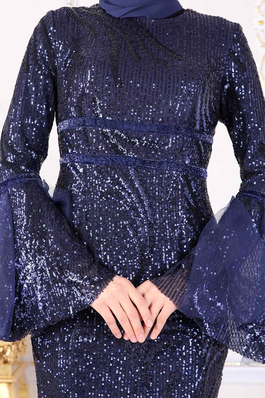 SEQUIN DETAILED  EVENING DRESS - NAVY BLUE 