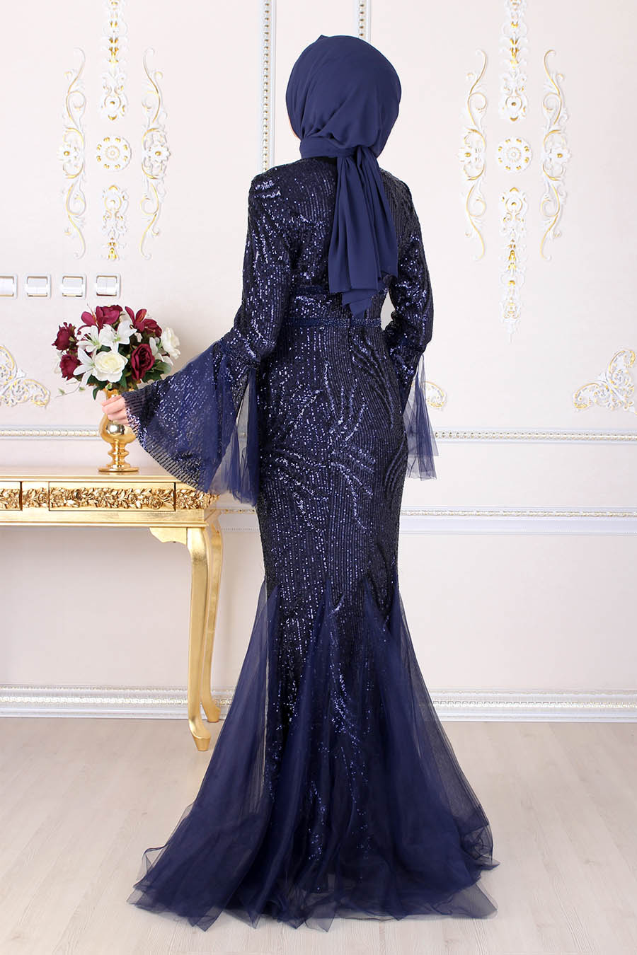 SEQUIN DETAILED  EVENING DRESS - NAVY BLUE 