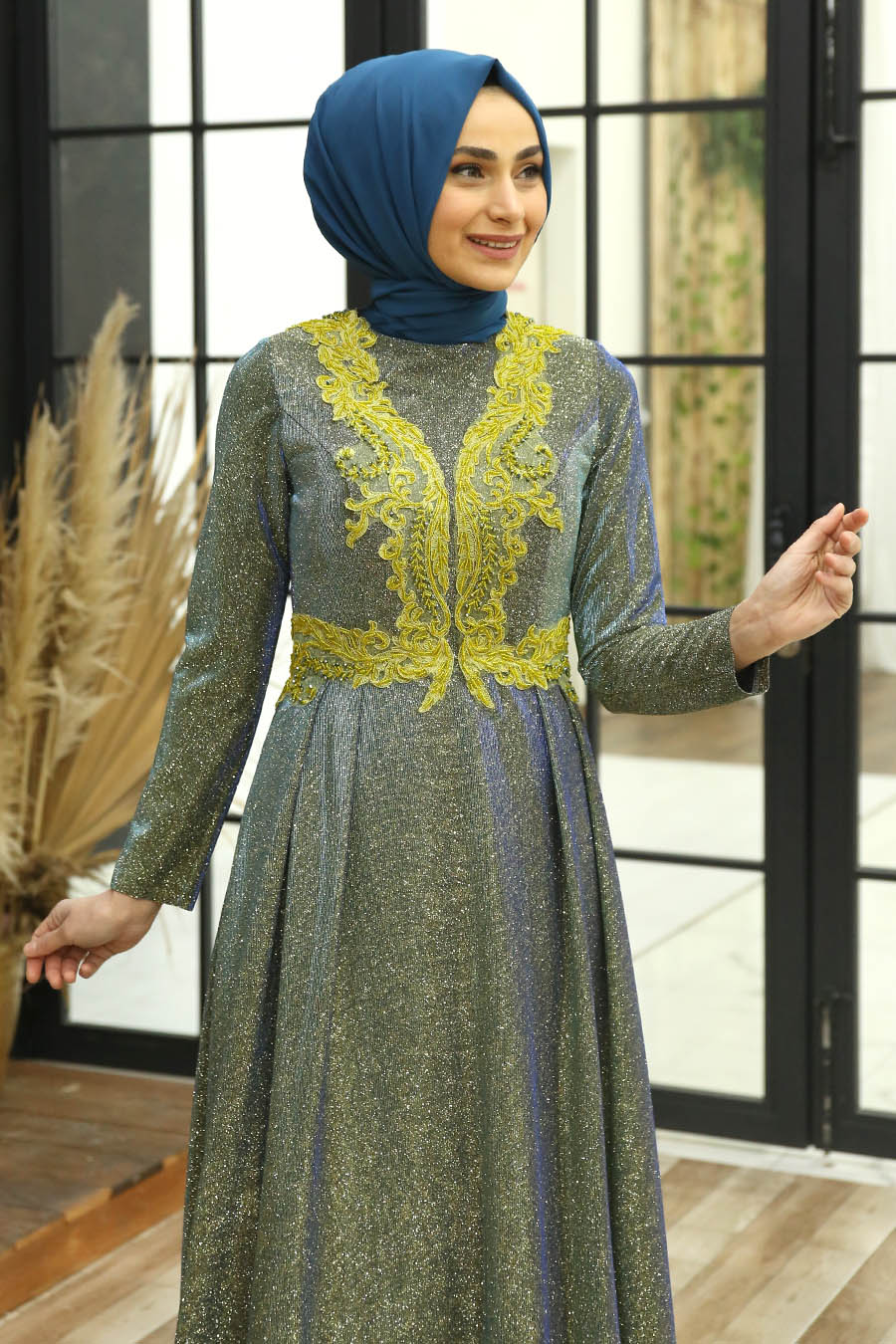 SILVERY MUSTARD EVENING DRESS 