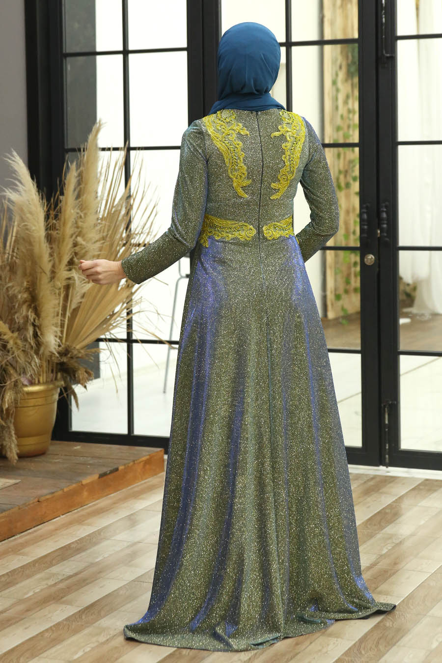 SILVERY MUSTARD EVENING DRESS 
