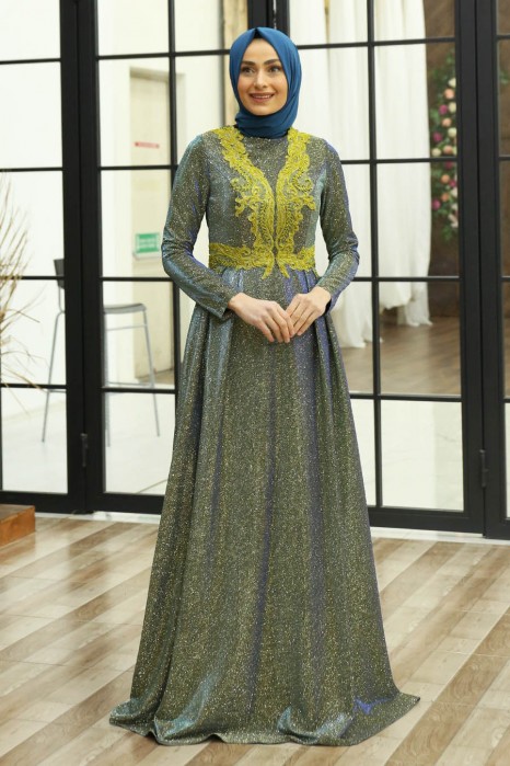 SILVERY MUSTARD EVENING DRESS 
