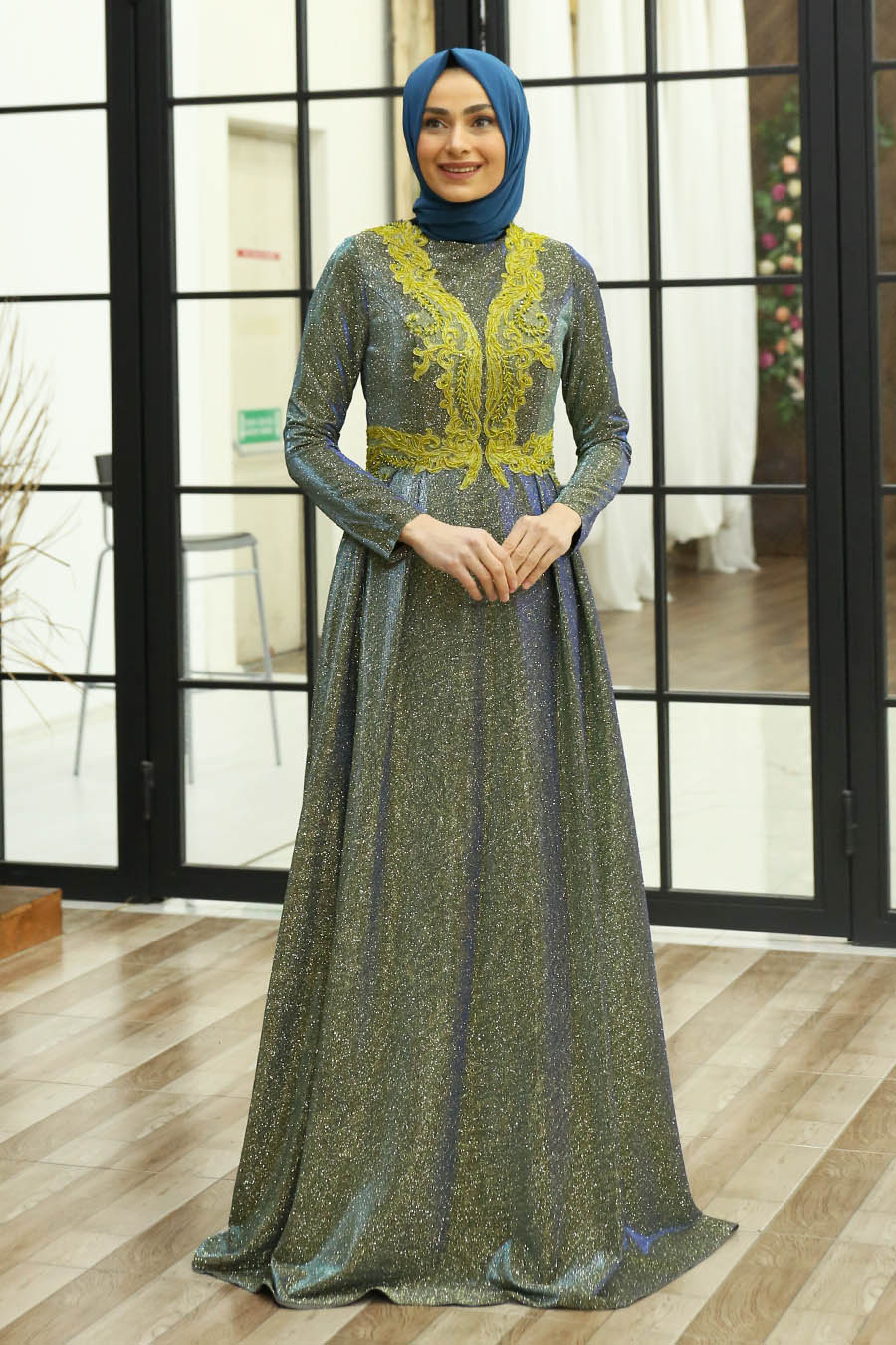 SILVERY MUSTARD EVENING DRESS 