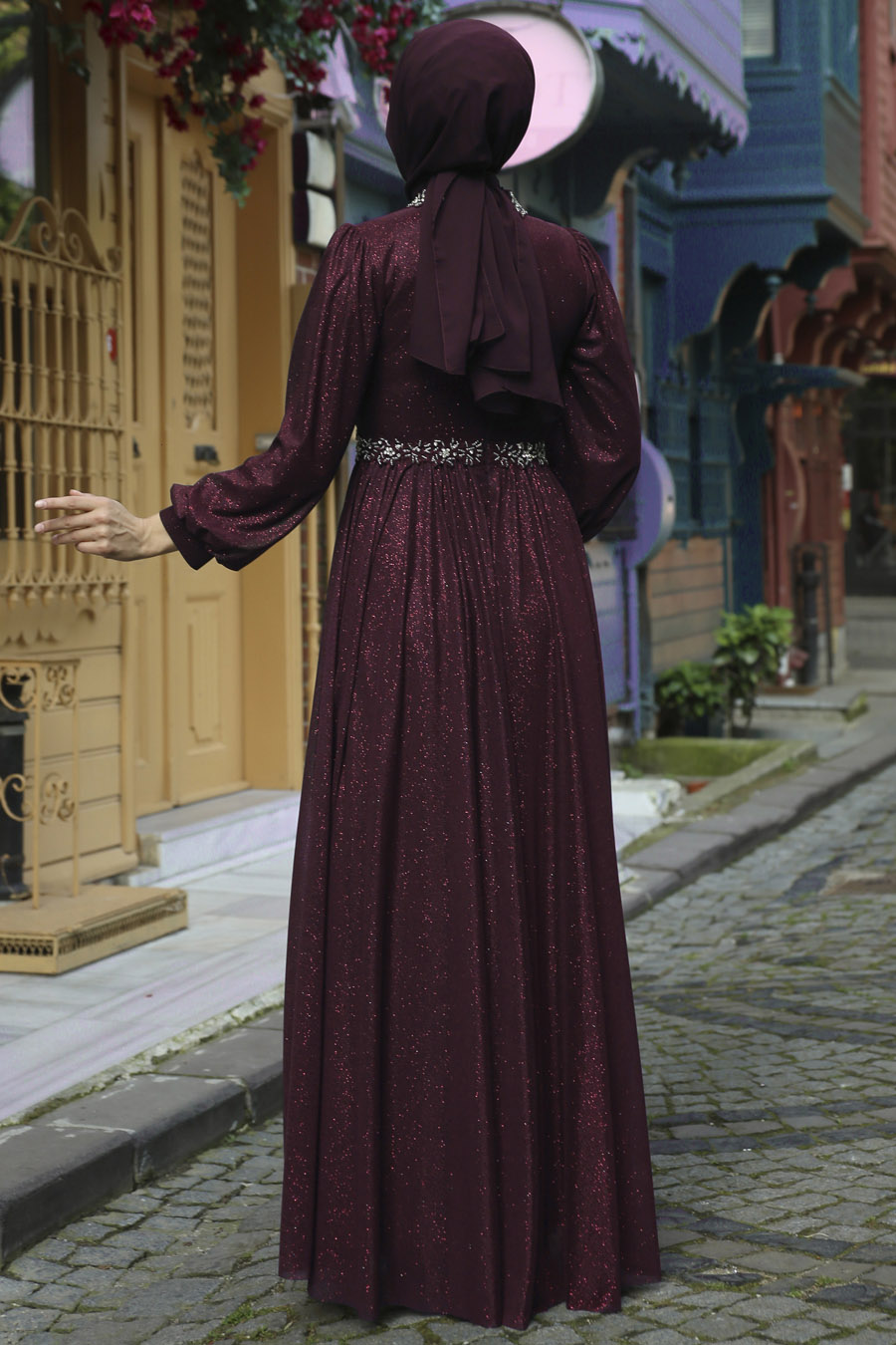 STONE DETAILED CLARET RED EVENING DRESS