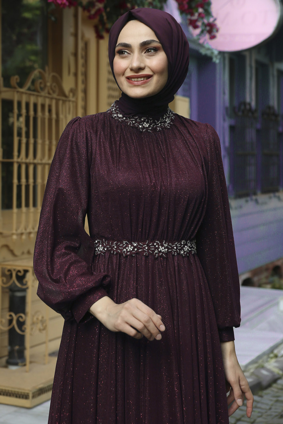 STONE DETAILED CLARET RED EVENING DRESS