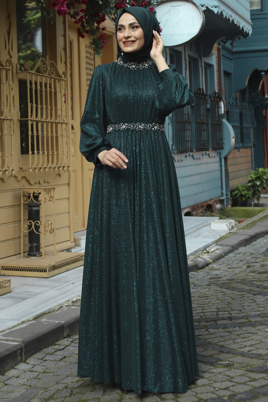STONE DETAILED GREEN EVENING DRESS