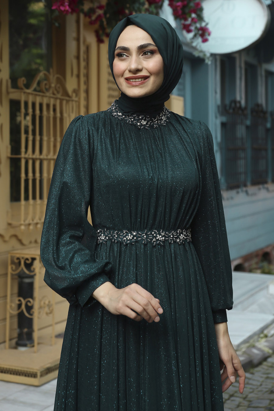 STONE DETAILED GREEN EVENING DRESS