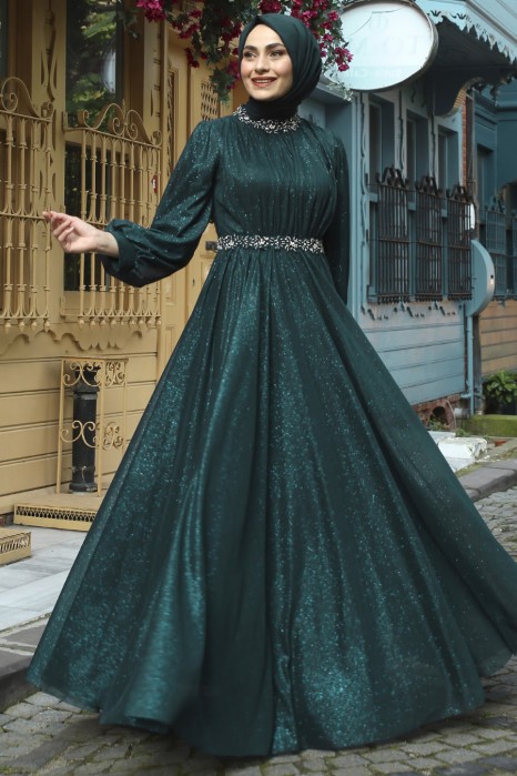STONE DETAILED GREEN EVENING DRESS