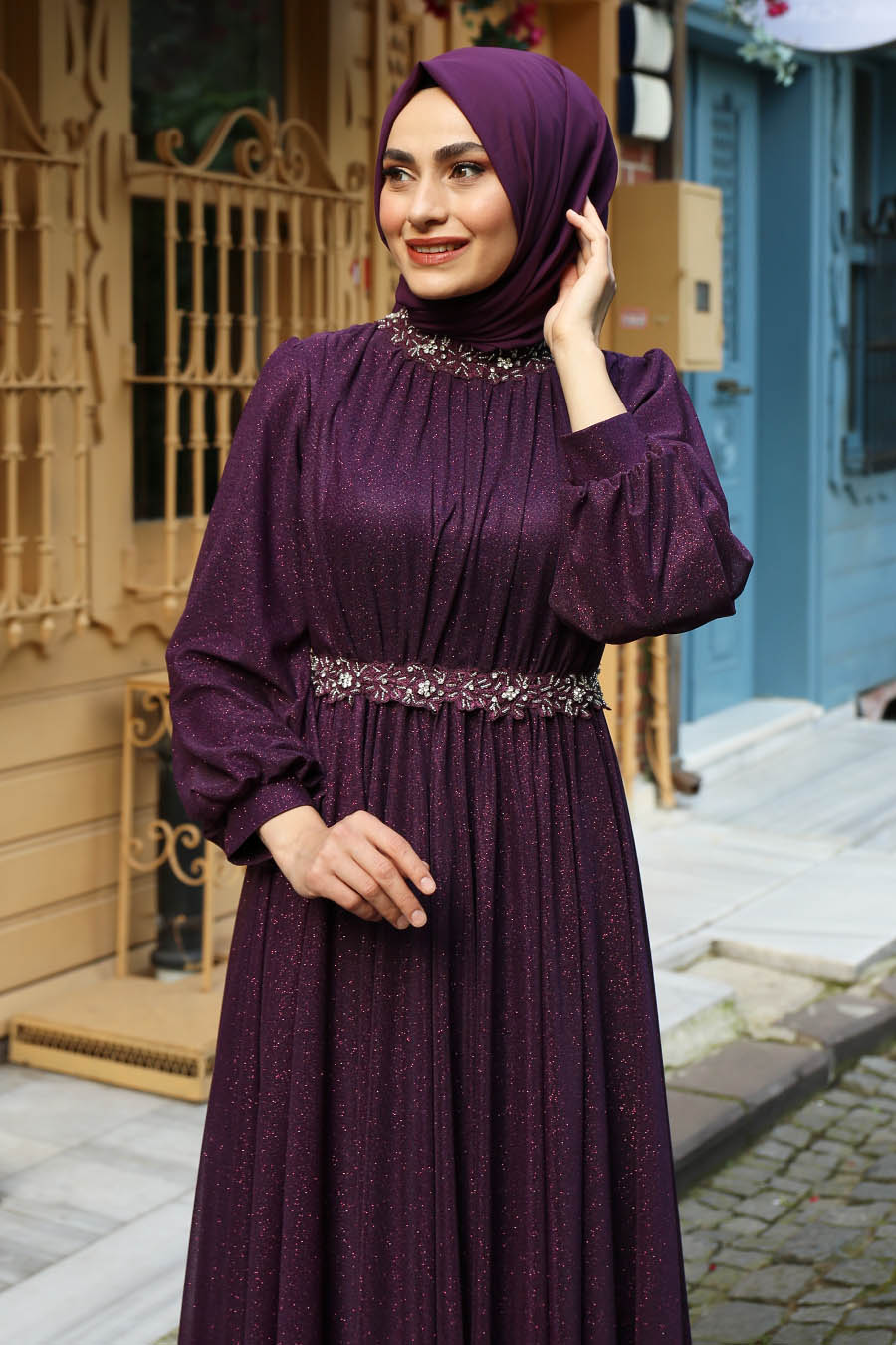 STONE DETAILED PURPLE EVENING DRESS