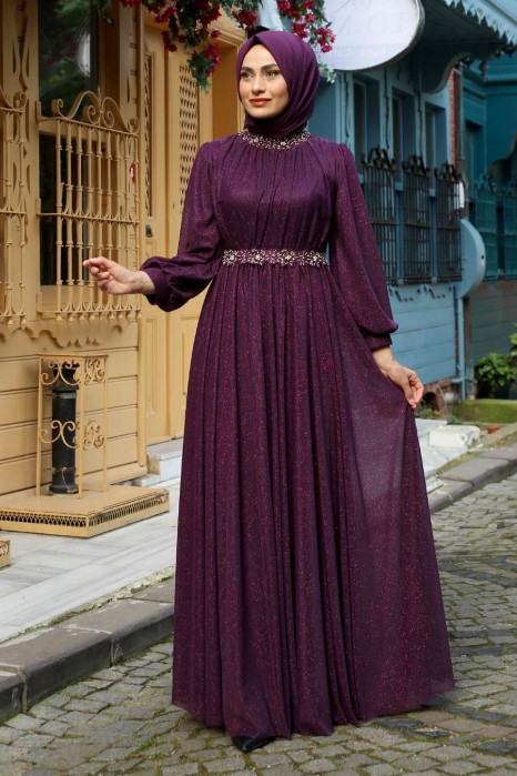 STONE DETAILED PURPLE EVENING DRESS