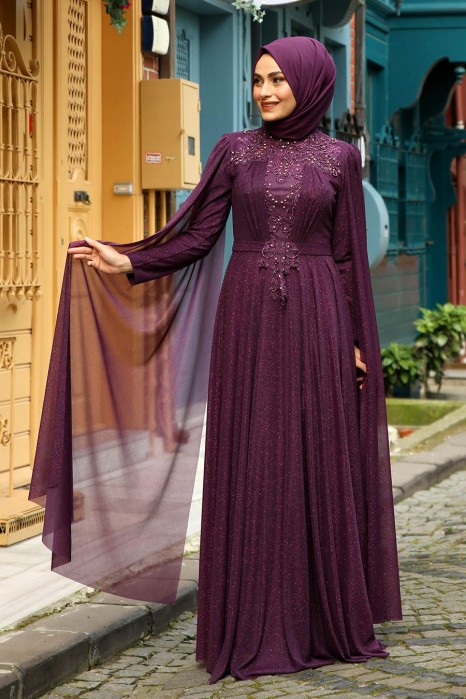 STONE DETAILED PLUM EVENING DRESS