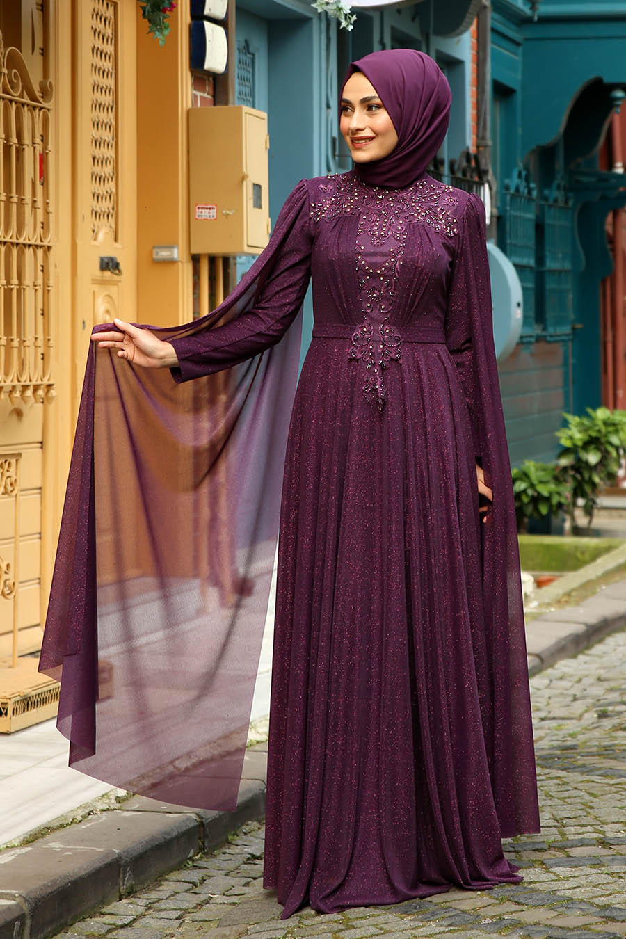 STONE DETAILED PLUM EVENING DRESS