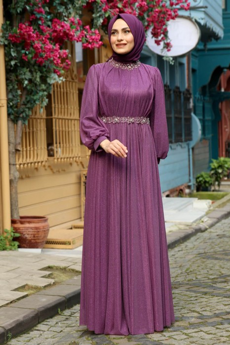 STONE DETAILED LILA EVENING DRESS