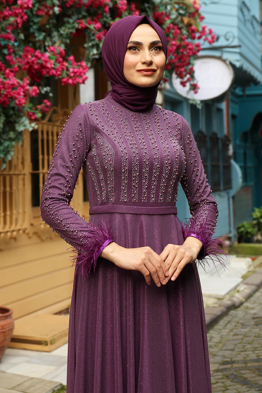 STONE DETAILED PURPLE EVENING DRESS