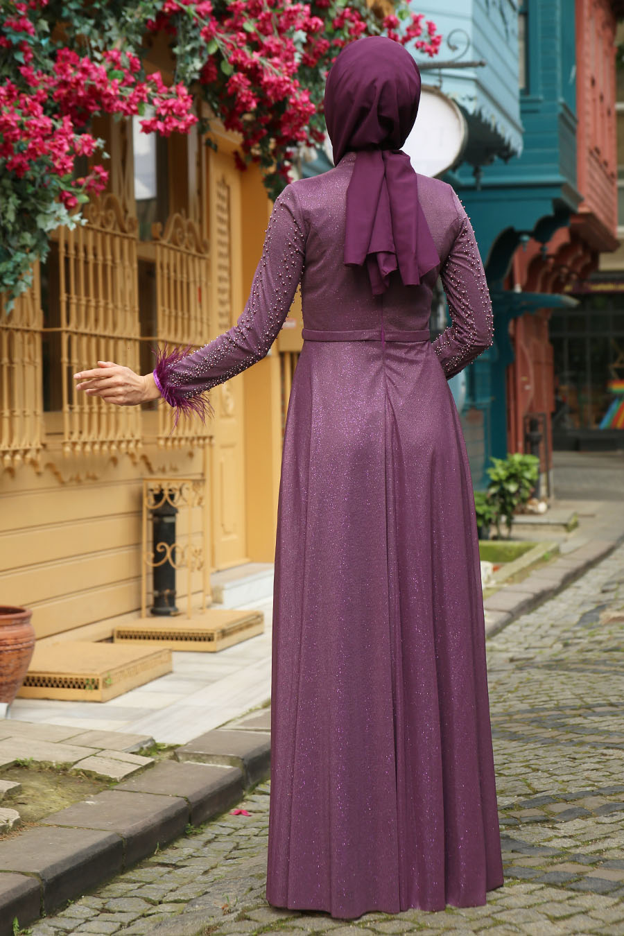 STONE DETAILED PURPLE EVENING DRESS
