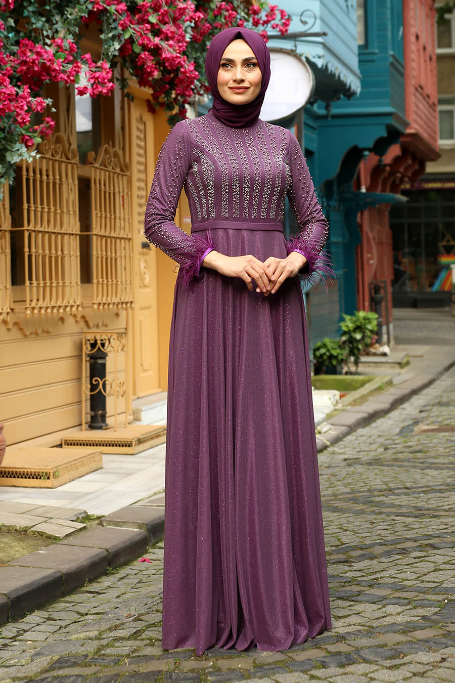 STONE DETAILED PURPLE EVENING DRESS