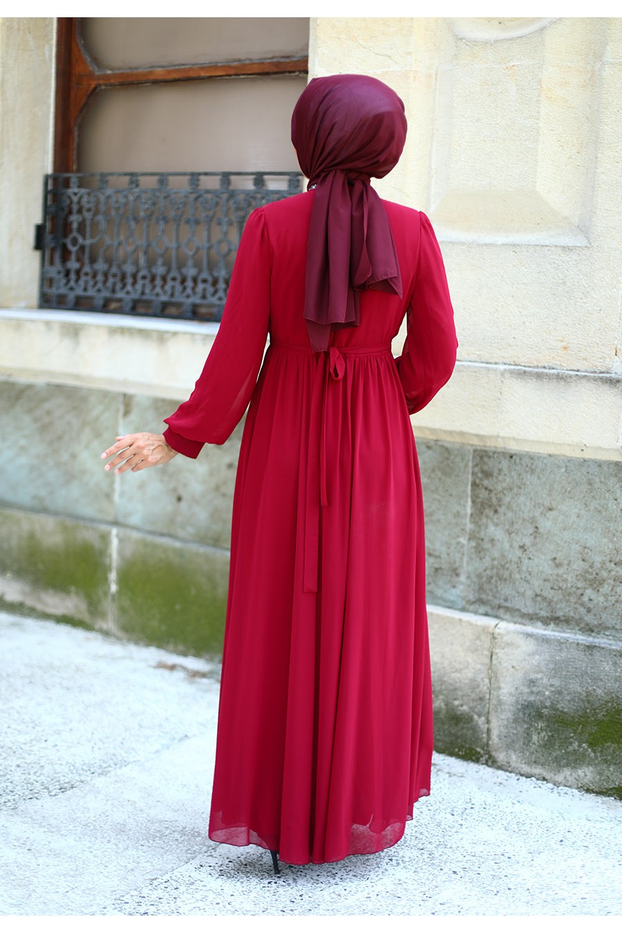 STONED DETAILED CLARET RED EVENING DRESS 