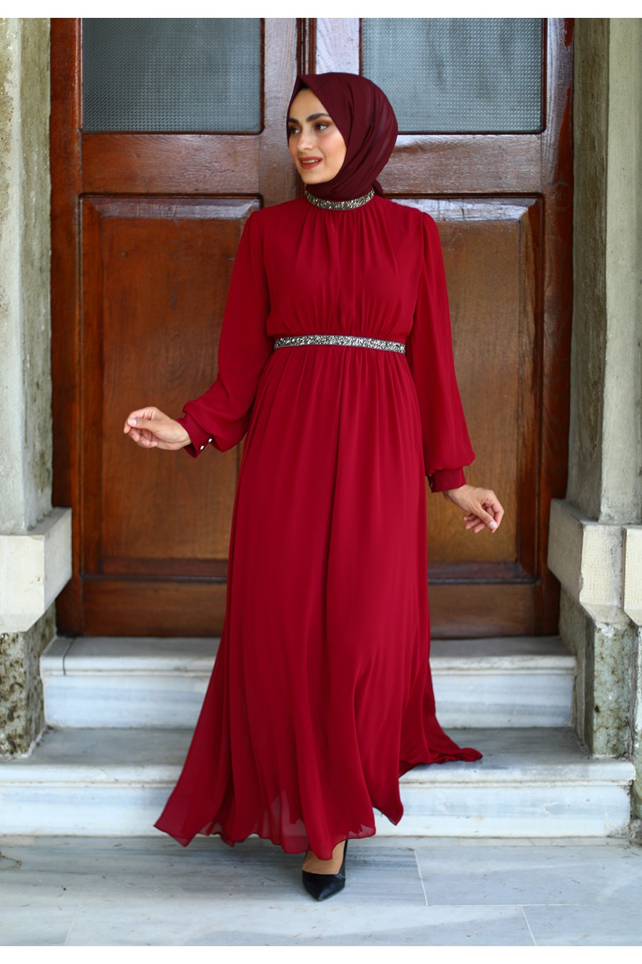 STONED DETAILED CLARET RED EVENING DRESS 
