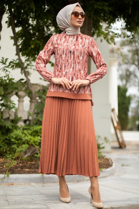 BRICK COLOR TUNIC AND SKIRT SUIT