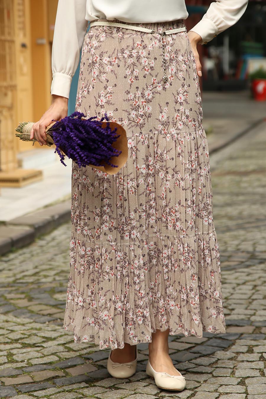 FLOWER PATTERNED SKIRT - VISON COLOR 